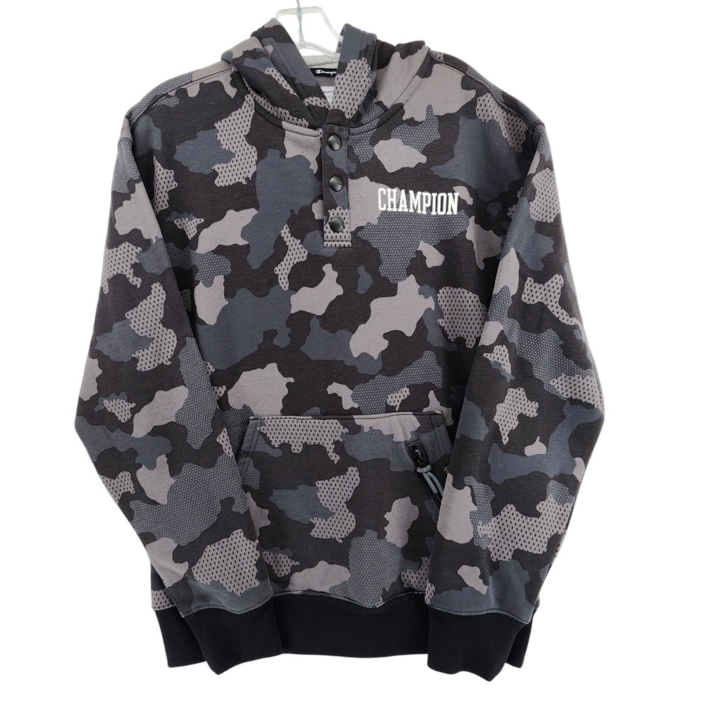 Champion Medium Gray Camo Hoodie Snap Neck Fleece Pullover Streetwear Gorpcore M